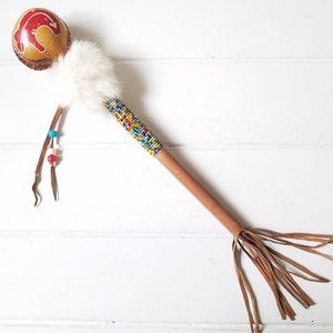 Vintage Native American Rawhide Rattle Shaker, Leather Beads Fur, Navajo?